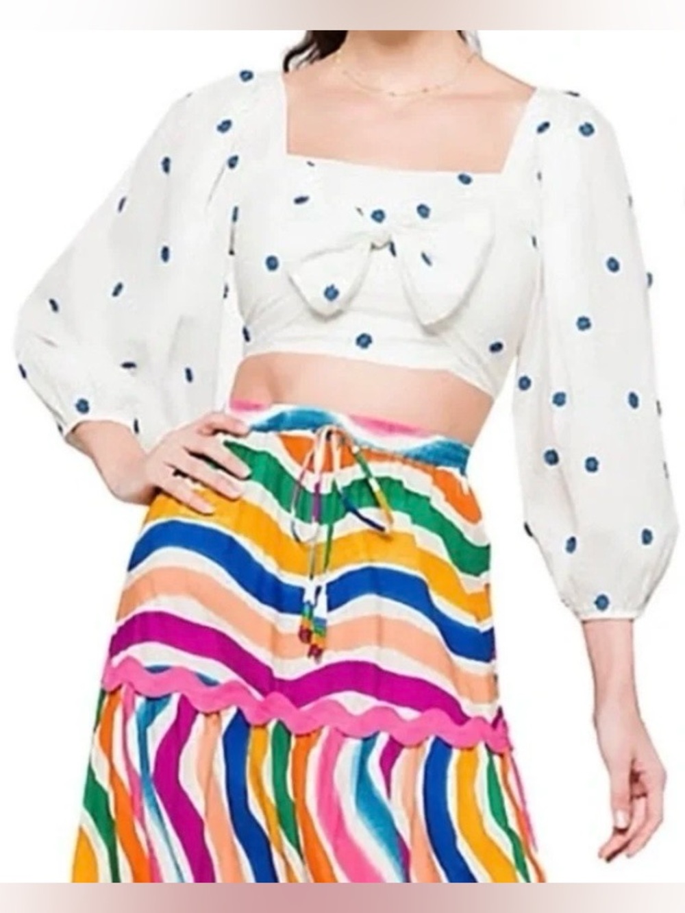 FARM Rio White Crop Top with Blue Embroidered Flowers, Size XS